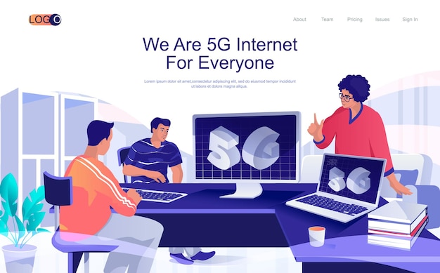 5g 인터넷 개념 아이소메트릭 랜딩 페이지 전 세계 컴퓨터에서 Wi-Fi 신호 핫스팟을 사용하는 사람들