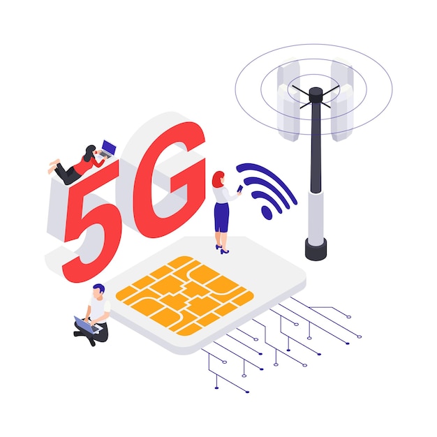 5g internet concept con sim card wifi antenna segnale e caratteri umani isometrico 3d illustrazione vettoriale