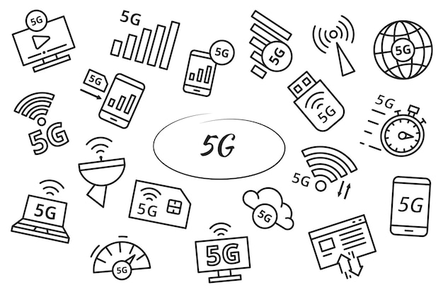 Vector 5g linear objects and elements set. new mobile network, high speed connection. simple vector illustrations.