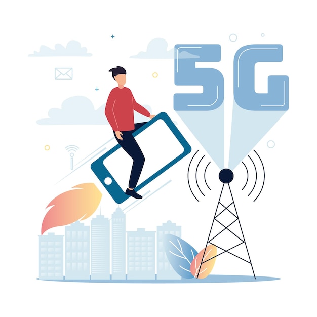 Vector 5g mobile internet a man flies on a smartphone in a rocket near a tower with a 5g sign against the background of a city plants clouds icons vector illustration