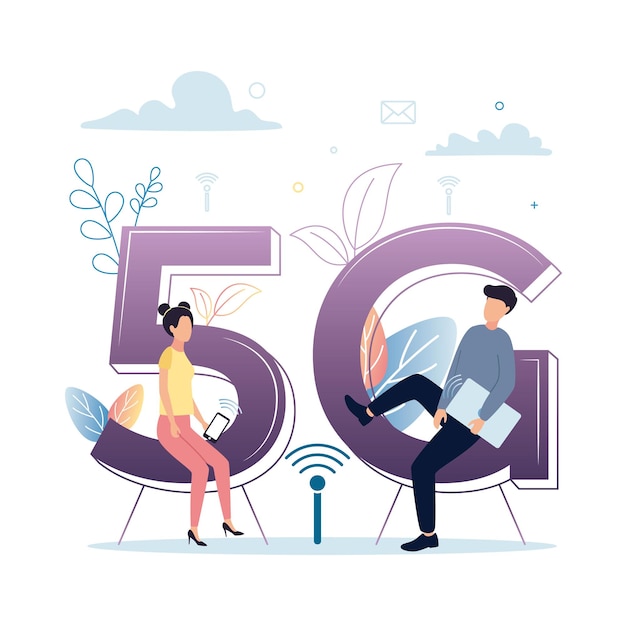 5G mobile internet A man with a laptop sits on the letter G a woman with a smartphone sits on the number 5 against the background of plants network icons clouds Vector illustration