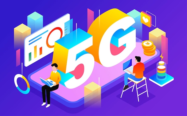 5G mobile network data security ecommerce isometric illustration