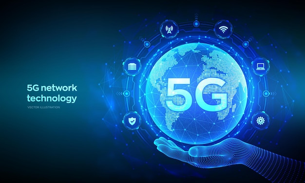 5G netwerk draadloze systemen concept Slimme stad communicatienetwerk 5G Earth planet globe in de hand