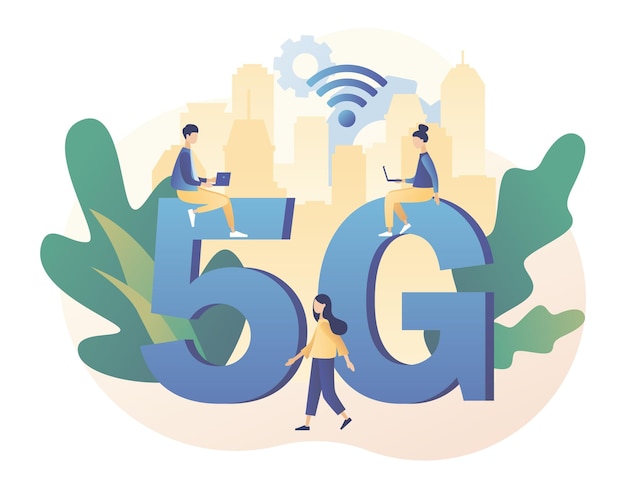 Vector 5g-netwerk draadloze technologie grote letters 5g en kleine mensen met gadgets gebruiken snel internet