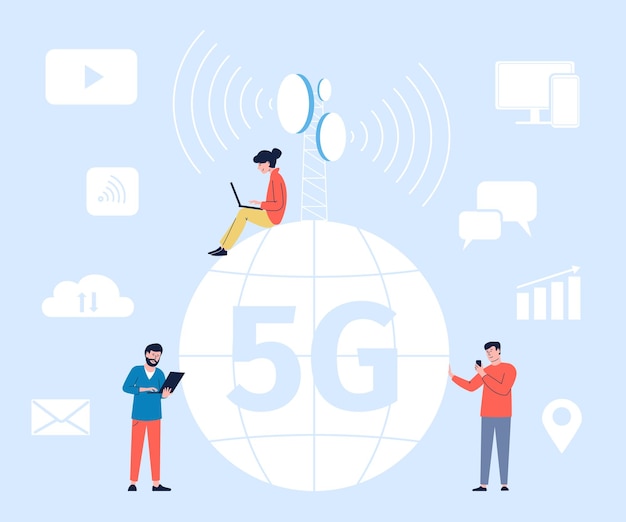 벡터 5g 네트워크 연결 개념 사람과 스마트 통신 현대 통신 기술 무선 인터넷 최근 비즈니스 사람 작업 연결 인터넷 네트워크의 벡터 장면