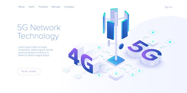 Tecnologia di rete 5g in illustrazione isometrica. concetto di servizio di telecomunicazione mobile senza fili. modello di destinazione del sito web di marketing. sfondo di connessione velocità internet smartphone.