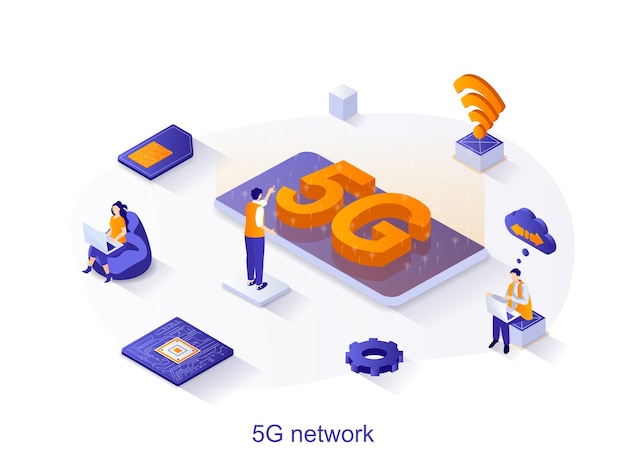 Сетевая технология 5G изометрическая веб-концепция Люди, использующие высокоскоростное беспроводное подключение к Интернету