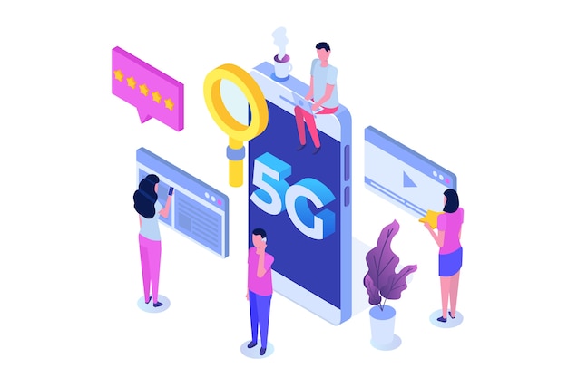 Sistemi wireless di rete 5g, concetto isometrico di internet mobile ad alta velocità.