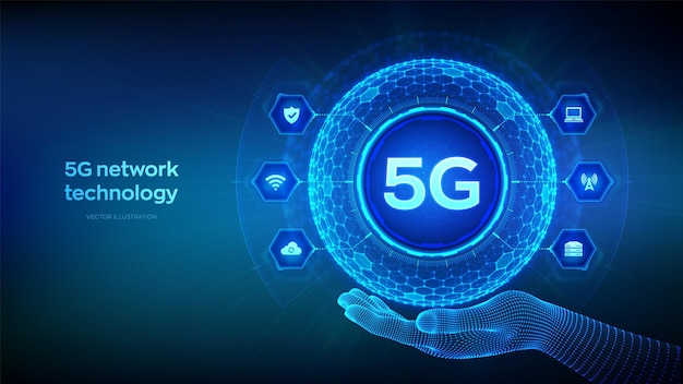 5G 네트워크, 무선 시스템, 사물 인터넷 개념, 육각형 그리드 패턴을 가진 구체