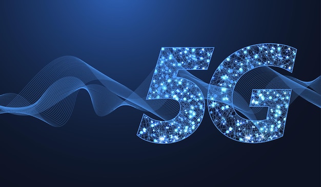 Concetto di tecnologia wireless di rete 5g. icona banner web 5g per business e tecnologia, segnale, velocità, rete, big data, tecnologia. vettore di flusso d'onda simbolo 5g.