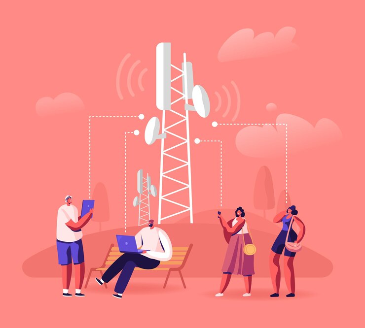 Vector 5g network wireless technology concept. people at transmission tower using high-speed mobile internet at modern digital devices. cartoon flat illustration