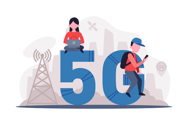 Беспроводная технология сети 5G Маленькие люди с гаджетами, использующие высокоскоростной мобильный интернет для более быстрой связи.