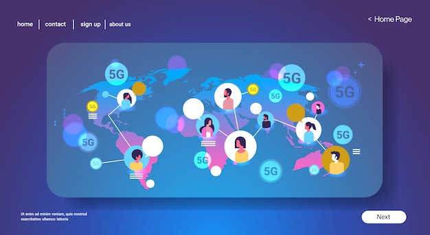 벡터 5g 온라인 무선 시스템 연결 글로벌 채팅 거품 통신 개념 혼합 인종 남성 여성 채팅 세계지도 배경 세로 가로 복사 공간