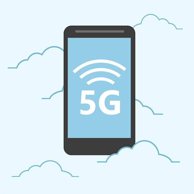 Vector 5g-sjabloon met vliegende smartphone. hoge snelheid mobiele webtechnologie. vectorillustratie.