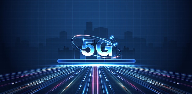 5G-technologie met computer- en mobine-netwerkverbindingslijn tussen gebouwconnectiviteit en wereldwijde netwerksystemen en internet der dingen concept vectorontwerp
