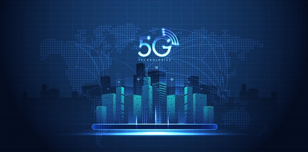 5g-technologie met computernetwerkverbindingslijn tussen het bouwen van connectivity en wereldwijde netwerksystemen en internet of things concept vector design