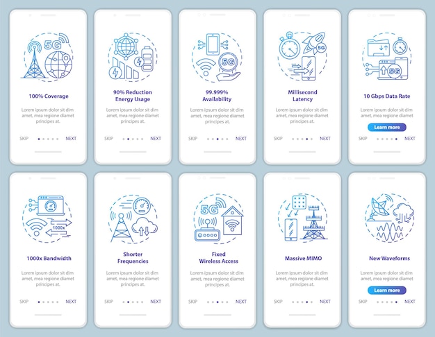 Tecnologie 5g che integrano il modello di vettore della schermata della pagina dell'app mobile. accesso wireless fisso. frequenze più corte. procedura dettagliata del sito web, illustrazioni lineari. ux, ui, concetto di interfaccia per smartphone gui