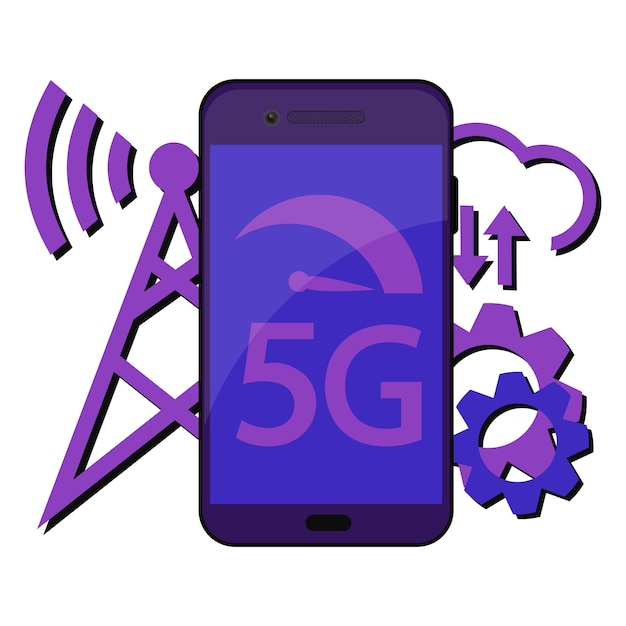 Вектор Концепция технологии 5g. смартфон с символом 5g и беспроводной вышкой. новая мобильная сеть 5-го поколения, беспроводные системы с высокоскоростным подключением и многое другое