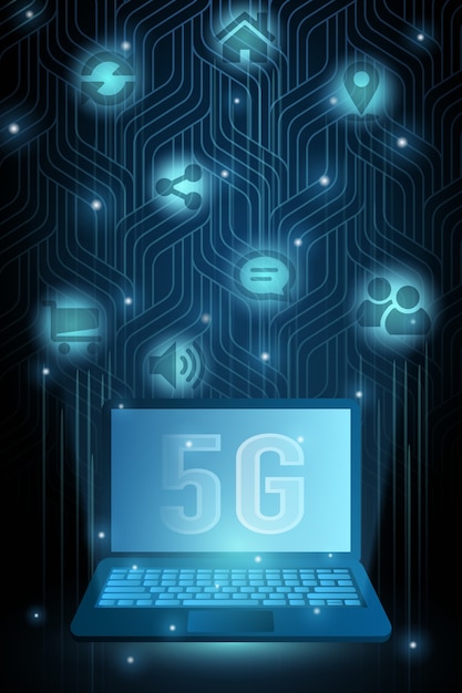 Computer portatile con tecnologia 5g e icone, illustrazione futuristica con punto luminoso. concetto di connessione internet wireless ad alta velocità.