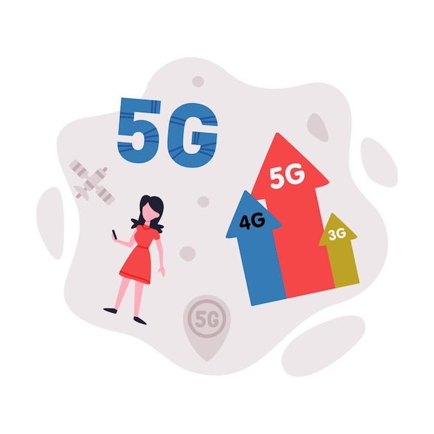 5G 기술을 사용하는 사람 모바일 인터넷 만화 터 일러스트레이션