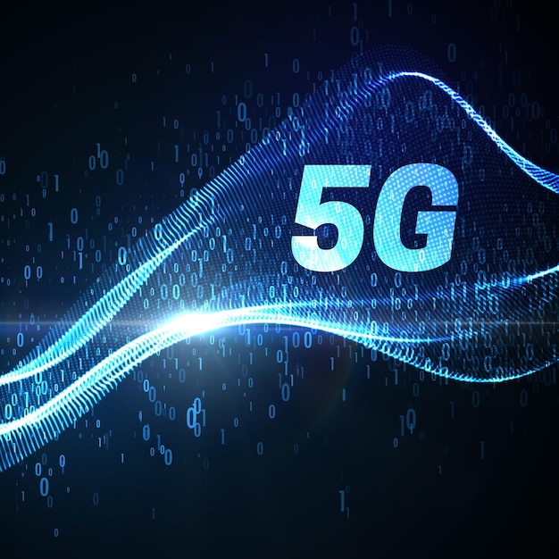 Segno di tecnologia 5g con flusso di dati virtuali incandescente al neon