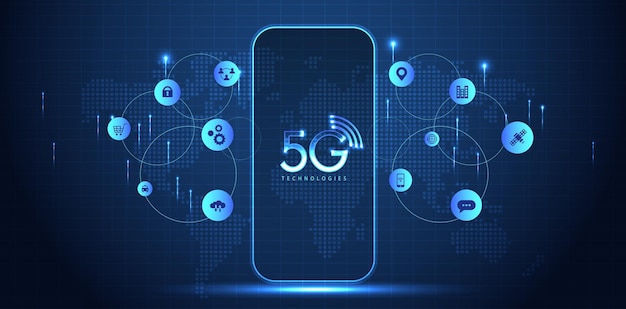 Технология 5G с линией подключения к компьютерной и мобильной сети между созданием систем связи и глобальных сетей и концептуальным векторным дизайном интернета вещей