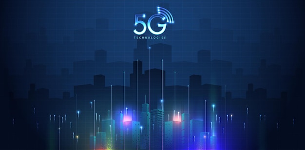 5G technology with computer and mobine network connection line between building Connectivity and global networks systems and internet of things concept vector design