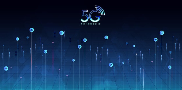 Технология 5G с линией подключения к компьютерной сети между зданием, системами подключения и глобальными сетями, а также концептуальным векторным дизайном интернета вещей