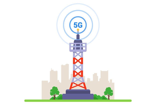 Torre 5g su sfondo bianco. internet ad alta velocità di nuova generazione. illustrazione vettoriale piatto.