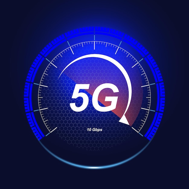 5G wireless network technology The concept of a digital speed meter with a 5G badge Highspeed Internet Neon speedometer in futuristic style isolated on a dark background