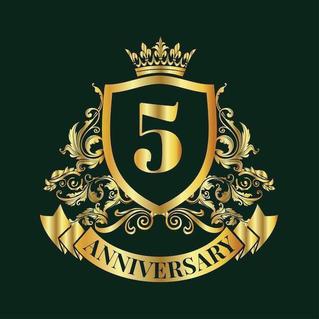 Logotipo del 5° anniversario e nastro d'oro. disegno dell'emblema della celebrazione dell'anniversario d'oro