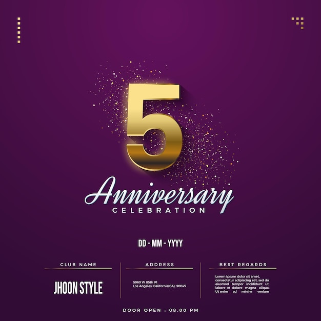 5th anniversary party invitation with gold numbers on purple background