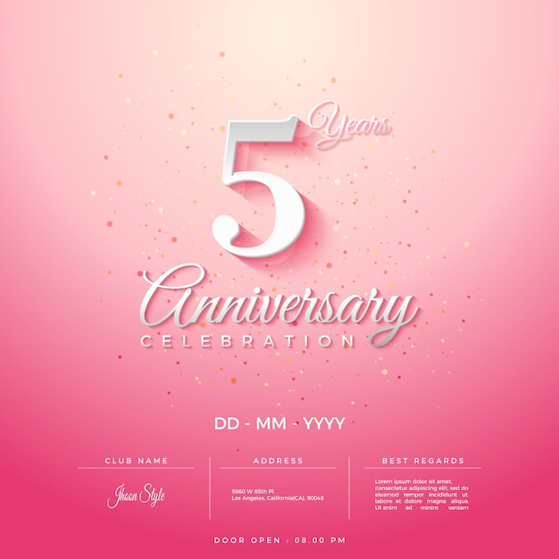 5th anniversary party invitation with numbers on pink gradient background