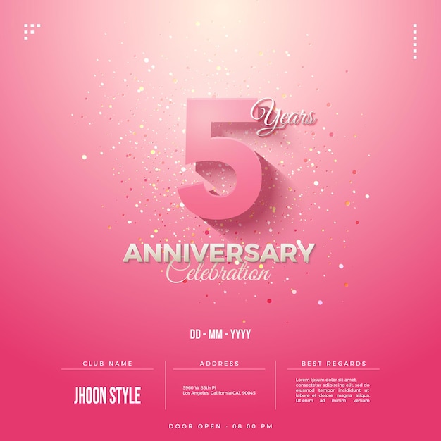 5th anniversary party invitation with numbers on pink gradient background