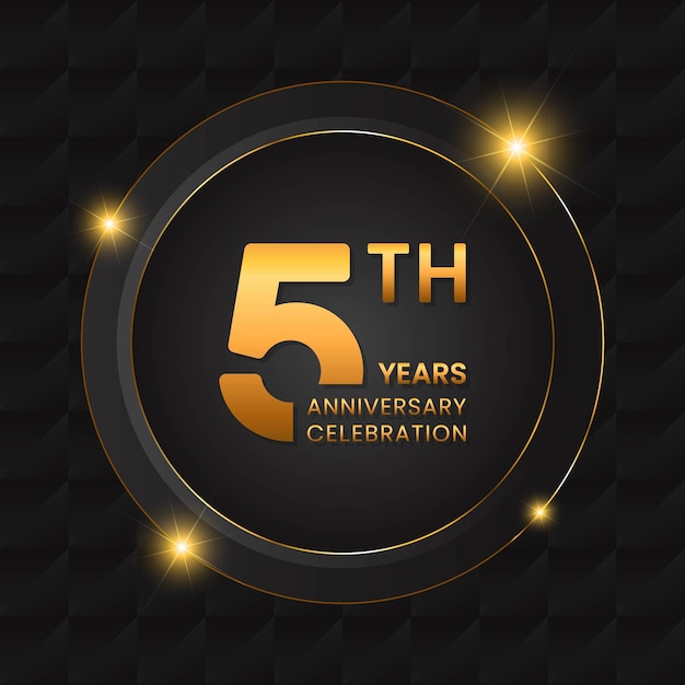 5th Anniversary template design with golden number and ring Vector template illustration