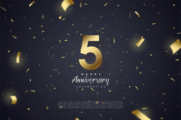 5th Anniversary with scattered gold numbers and ribbons.