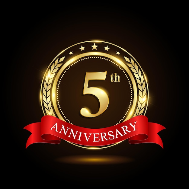 5th golden anniversary logo with shiny ring and red ribbon Laurel wrath isolated on black background vector design