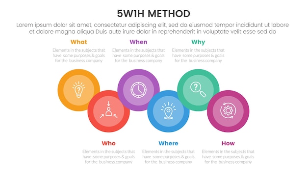 5W1H problem solving method infographic 6 point stage template with big circle combination up and down on horizontal direction for slide presentation vector