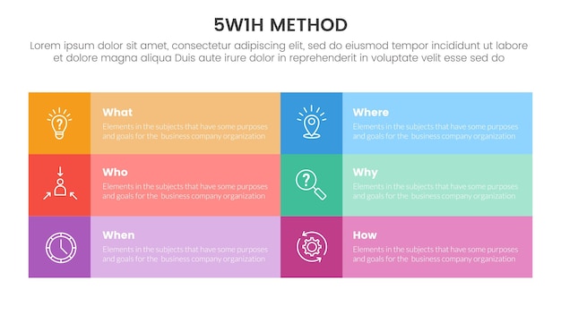 Metodo di risoluzione dei problemi 5w1h infografica modello di fase a 6 punti con informazioni di stack di scatole lunghe rettangolari per il vettore di presentazione di diapositive