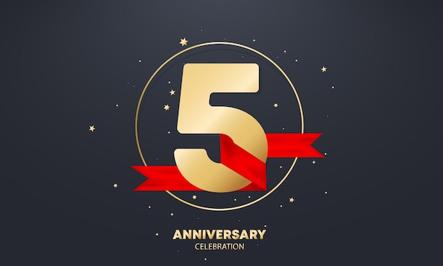 5year anniversary banner with red ribbon on white. 5th years celebration. poster or brochure template. vector eps 10. isolated on background.