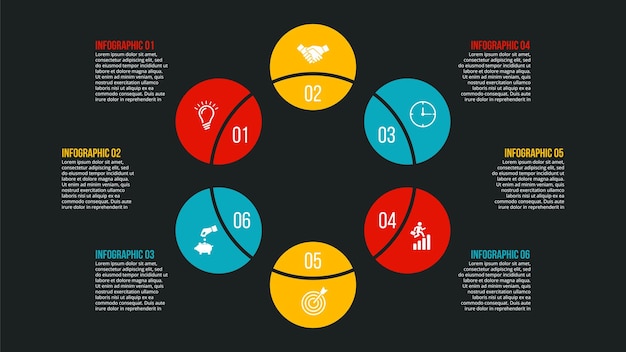 6 cerchi per infografiche cicliche illustrazione creativa scura per la presentazione