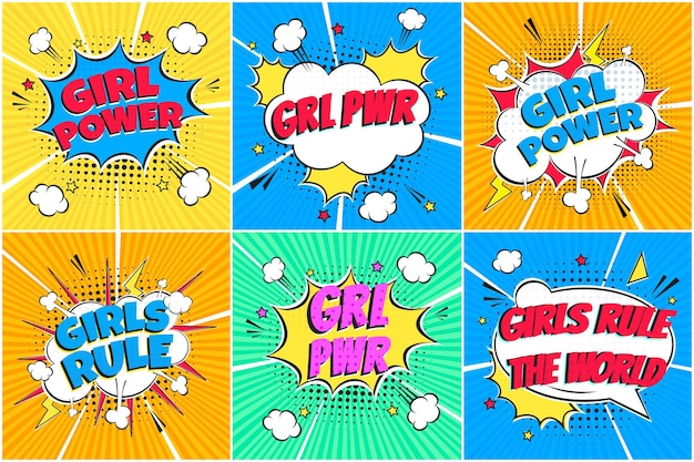 6 Comic Lettering GRL PWR GIRL POWER GIRLS RULE Set In The Speech Bubbles Comic Style Flat