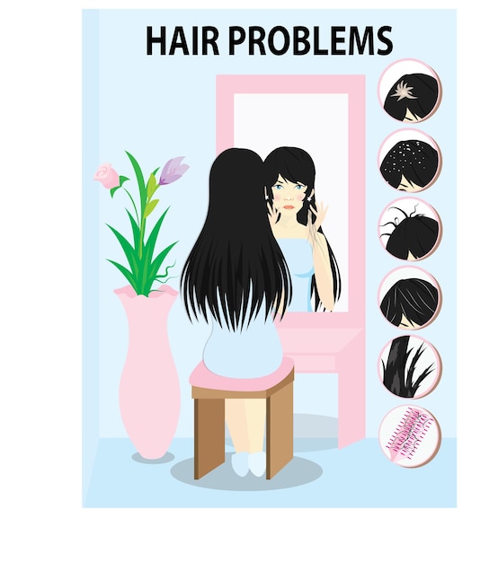6一般的な髪の問題。髪の毛に問題がある鏡を見ている女性。