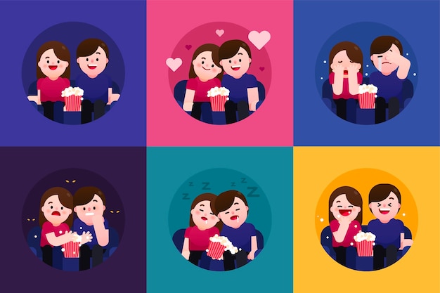 Vector 6 different moods watching movie normal romantic sad scary boring and funny