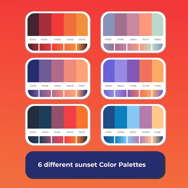 6 different sunset Color Palettes with gradient color