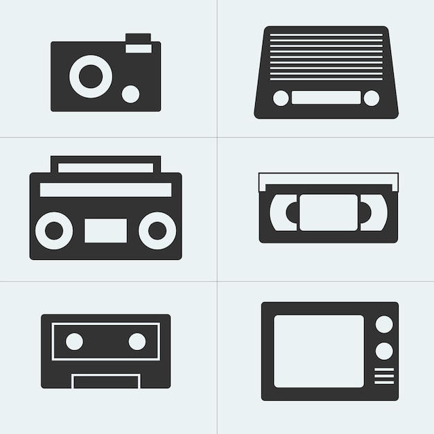 6 icone di tecnologia retrò piatte nere in nero