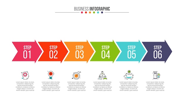 6 horizontale pijlen voor infographic Procesvisualisatie