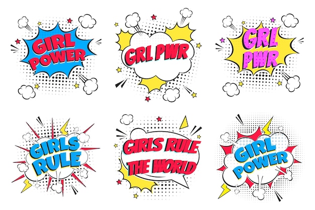 ベクトル 6 文字 grl pwr girl power girls rule スピーチバブルにセットされたコミックスタイルのフラットデザイン