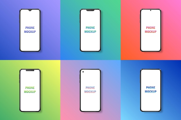 6 mockups van realistische telefoons met zwart frame en wit leeg scherm op verschillende kleurrijke achtergronden