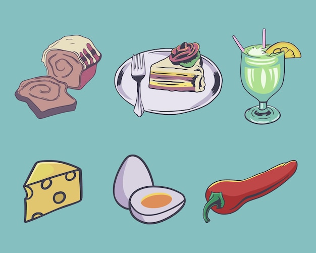 6 set design vector Illustration of Bread cake juice cheese egg and Chili